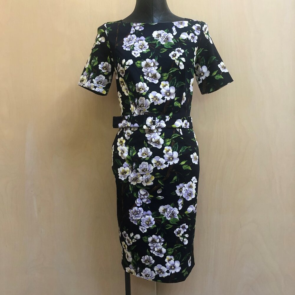 Samantha Sung Knee-Length Black with Purple Floral Belted Dress Size 4